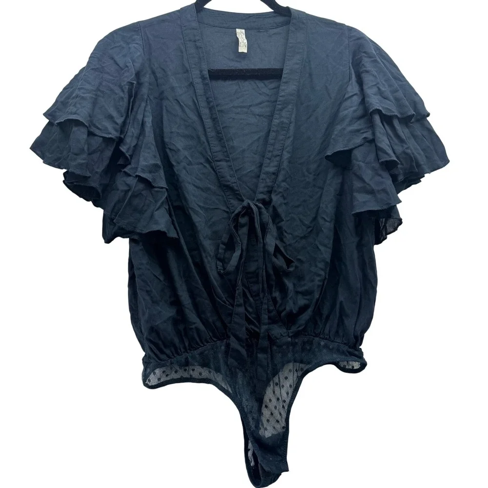Intimately Free People Women's S Black Ruffle Tie Front Bodysuit Top Boho‎ Chic